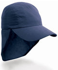A Result Headwear RC69J, featuring a navy blue color with a wide brim and a neck flap for enhanced sun protection.