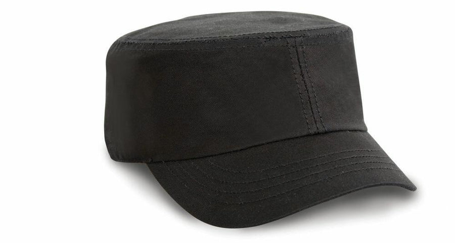 The RC70X by Result Headwear is a black military-style cap featuring a flat top and a short, curved brim.