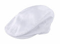 Introducing the RC77X by Result Headwear: a white flat cap featuring a sleek, slightly lustrous surface. This stylish cap is angled to the right, highlighting its classic, curved silhouette and tailored fit. Its minimalist design exudes a clean and refined elegance.