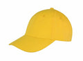 Product Description: The RC81X by Result Headwear is a vibrant yellow baseball cap featuring a curved brim. It is presented against a plain white background in a three-quarter view, highlighting its minimalist design and detailed stitching.