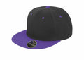 The RC82X snapback cap from Result Headwear features a black and purple design, complete with a flat brim and a stylish sticker on the brim.