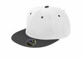 The RC82X by Result Headwear is a white snapback cap featuring a black brim and round sticker on the front, complete with black button detail on top and black eyelets.