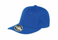 A blue RC85X baseball cap by Result Headwear featuring a curved brim and a round crown. The brim has a sticker with "Flexfit Cap" and sizing details. The cap is displayed against a plain white background.