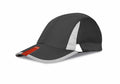 Product RC86X from Result Headwear is a sports cap featuring a black and gray color scheme, complete with a curved brim and mesh side panels.
