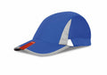 The RC86X cap by Result Headwear is a blue baseball cap that includes gray reflective panels and a gray brim, complemented by a small red and white tag on the brim.