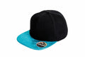 A Result Headwear RC87X snapback cap featuring a striking black design with a vibrant aqua blue brim. The brim is adorned with a sticker, enhancing the hat’s stylish detail. The cap is beautifully showcased against a simple white background.