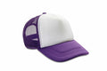 The RC89X baseball cap by Result Headwear features a white front panel and a purple mesh back, complemented by a purple brim. It is displayed against a plain white background.