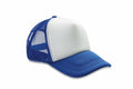 Product RC89X by Result Headwear is a trucker cap featuring a blue and white design. It has a mesh back, solid front panel, and curved brim, angled to the side against a plain white background.