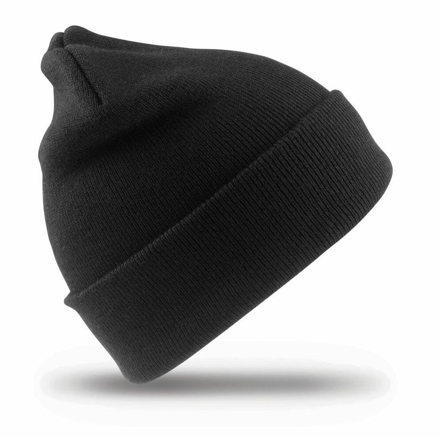 Result Genuine Recycled's RC929, a black knit beanie with a folded brim, is elegantly displayed against a white background.