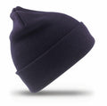 The RC933, a dark blue, ribbed knit beanie hat with a folded cuff from Result Genuine Recycled, is displayed against a white background.