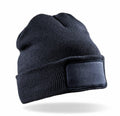 The RC934, a black knit beanie by Result Genuine Recycled, features a blank rectangular patch on the front and is set against a white background.
