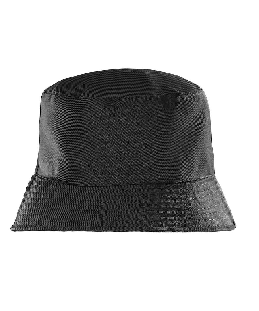 A plain black fabric Hats bucket hat with a wide, downward-sloping brim is shown against a white background. The design is simple, featuring no visible logos or decorations.