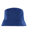 A blue Hats bucket hat with a wide, downward-sloping brim and smooth fabric is displayed against a white background.