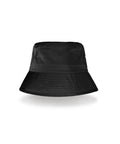 Front view of Hats, a plain black bucket hat with a wide brim and visible stitching, displayed on a white background.
