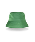 A green "Hats" bucket hat is centred on a white background, shown from the front. The fabric features visible stitching and two small metal eyelets on each side.