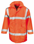The RE18A high-visibility jacket by Result Safeguard comes in a bright orange color and includes reflective stripes on the sleeves, chest, and back. It is designed with a hood, button closure, and multiple pockets.
