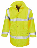 The RE18A jacket from Result Safeguard is a bright yellow high-visibility garment with reflective silver stripes, multiple pockets, and a collar, set against a white background.