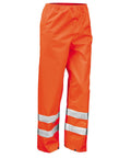 Bright orange trousers with an elasticated waistband and two horizontal reflective silver stripes near the bottom of each leg. Made from waterproof material.