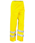 A pair of yellow trousers with high-visibility reflective silver stripes near the bottom of each leg, shown against a white background.