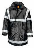 The Result Workguard RE23A is a black raincoat with high-visibility features, including reflective white stripes on the chest, arms, and hem. It also comes equipped with front pockets and a hood.