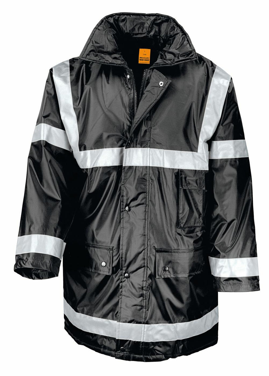 The Result Workguard RE23A is a black raincoat with high-visibility features, including reflective white stripes on the chest, arms, and hem. It also comes equipped with front pockets and a hood.