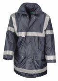 Introducing the RE23A by Result Workguard: a dark reflective raincoat featuring silver stripes on the chest, arms, and waist, complete with a hood and multiple front pockets.