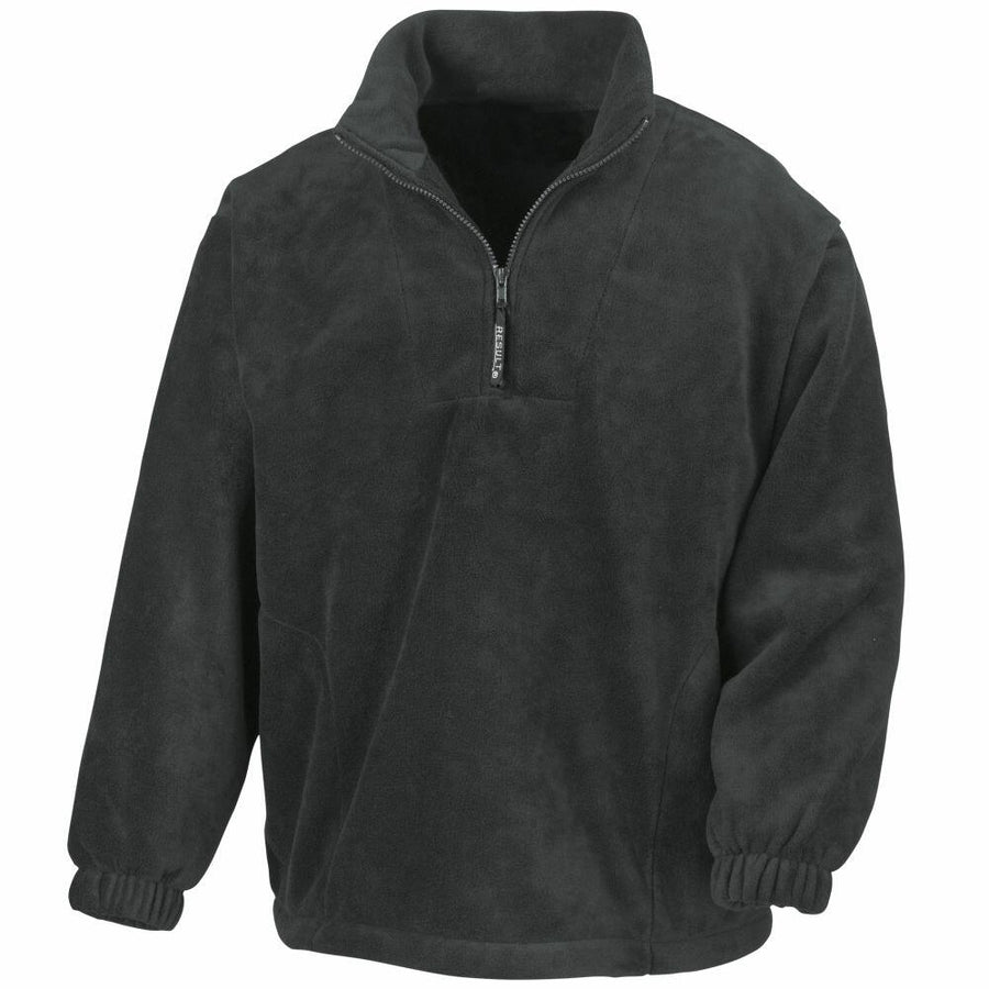 Result's RE33A is a black fleece pullover featuring a quarter-zip collar and elastic cuffs.