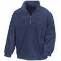 The Result RE33A is a navy blue fleece pullover featuring long sleeves, a half-zip front, and elastic cuffs.