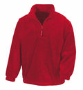 Introducing the Result RE33A, a vibrant red fleece pullover with a half-zip design, long sleeves, and elastic cuffs. This pullover offers a straightforward yet cozy appearance with its soft texture, making it perfect for casual wear and keeping warm in cooler weather.