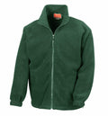 Result's RE36A fleece jacket in green features a full zipper, a high collar, and elastic cuffs.