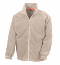 The Result RE36A is a beige fleece jacket featuring a front zipper, two side pockets, and elastic cuffs. It possesses a high collar and is shown against a white background.