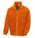 The Result RE36A is an orange fleece jacket featuring a full front zipper, two side pockets, elastic cuffs, and a high collar for extra warmth.