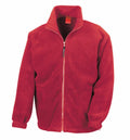 A red fleece jacket by Result, product name RE36A, featuring a full zipper, folded collar, and elastic cuffs. The jacket includes two side pockets and a red tag on the collar.