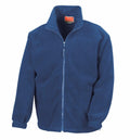 The RE36A, a fleece jacket from Result featuring a high collar, front zipper, and elastic cuffs in blue, is displayed against a plain white background.