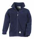 The Result RE36J is a navy blue fleece jacket featuring a high collar, zipper closure, and long sleeves. It includes two front pockets and is adorned with a small white triangle patch near the bottom.