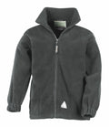 The Result RE36J is a dark green fleece jacket featuring a front zipper, high collar, and two side pockets. It includes elastic cuffs on the sleeves and displays a small triangular logo on the lower right side.