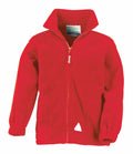 Introducing the Result RE36J: a red fleece jacket featuring a full zip, high collar, elastic cuffs, and two side pockets.