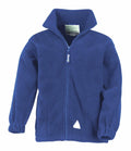 The RE36J by Result is a blue fleece jacket featuring a front zipper, two side pockets, and a high collar. The sleeves come with elastic cuffs, and there's a small triangular white tag near the bottom.