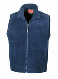 The Result RE37A is a navy blue fleece vest equipped with a front zipper and two zippered side pockets.