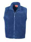 The Result RE37A is a blue, sleeveless fleece vest featuring a full front zipper and two zippered pockets, showcased against a plain background.