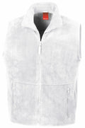 The Result RE37A is a sleeveless white fleece vest featuring a full zip closure and two front zippered pockets. It includes a high collar and a visible red label inside the collar.