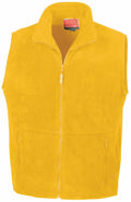 A vibrant yellow fleece vest by Result, item RE37A, showcases a full front zipper, a high collar, and two front zippered pockets. The vest is displayed against a plain white background.
