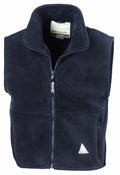 The Result RE37J is a navy blue sleeveless fleece vest featuring a front zipper and two zippered pockets.