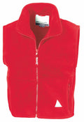 The RE37J vest from Result is a vibrant red, sleeveless fleece design featuring a front zipper and two side pockets.