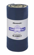 A rolled-up blue blanket with a label indicating "RE39A" from Result Winter Essentials, featuring a house icon on the packaging.