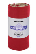 A red RE39A blanket rolled up with a white label. The label says Result Winter Essentials Polartherm Blanket with a house icon.