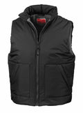 Result's RE44A puffer vest in black features a zip closure, two front pockets, and a raised collar.