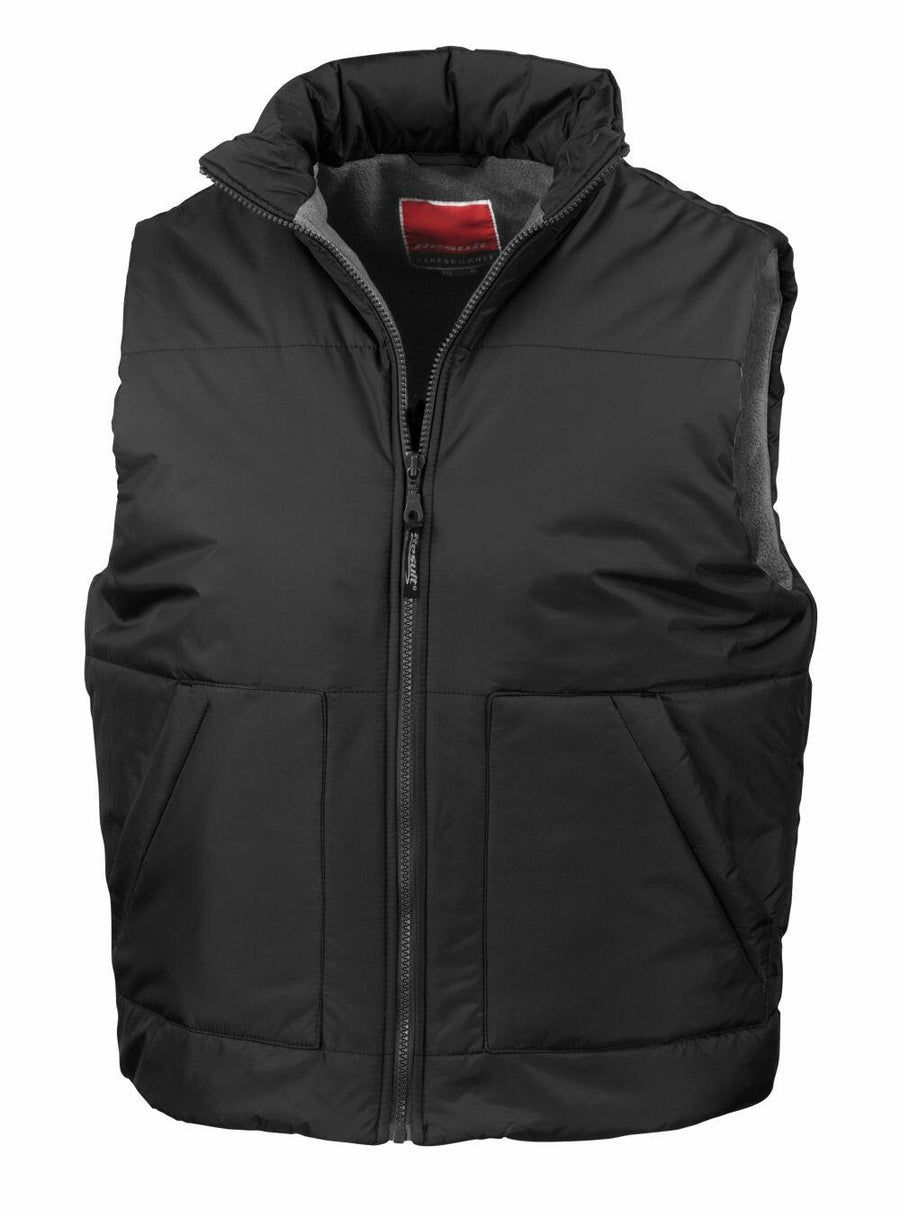 Result's RE44A puffer vest in black features a zip closure, two front pockets, and a raised collar.