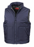 A Result RE44A vest in blue, featuring padding, a front zipper, and two pockets, displayed against a plain background.