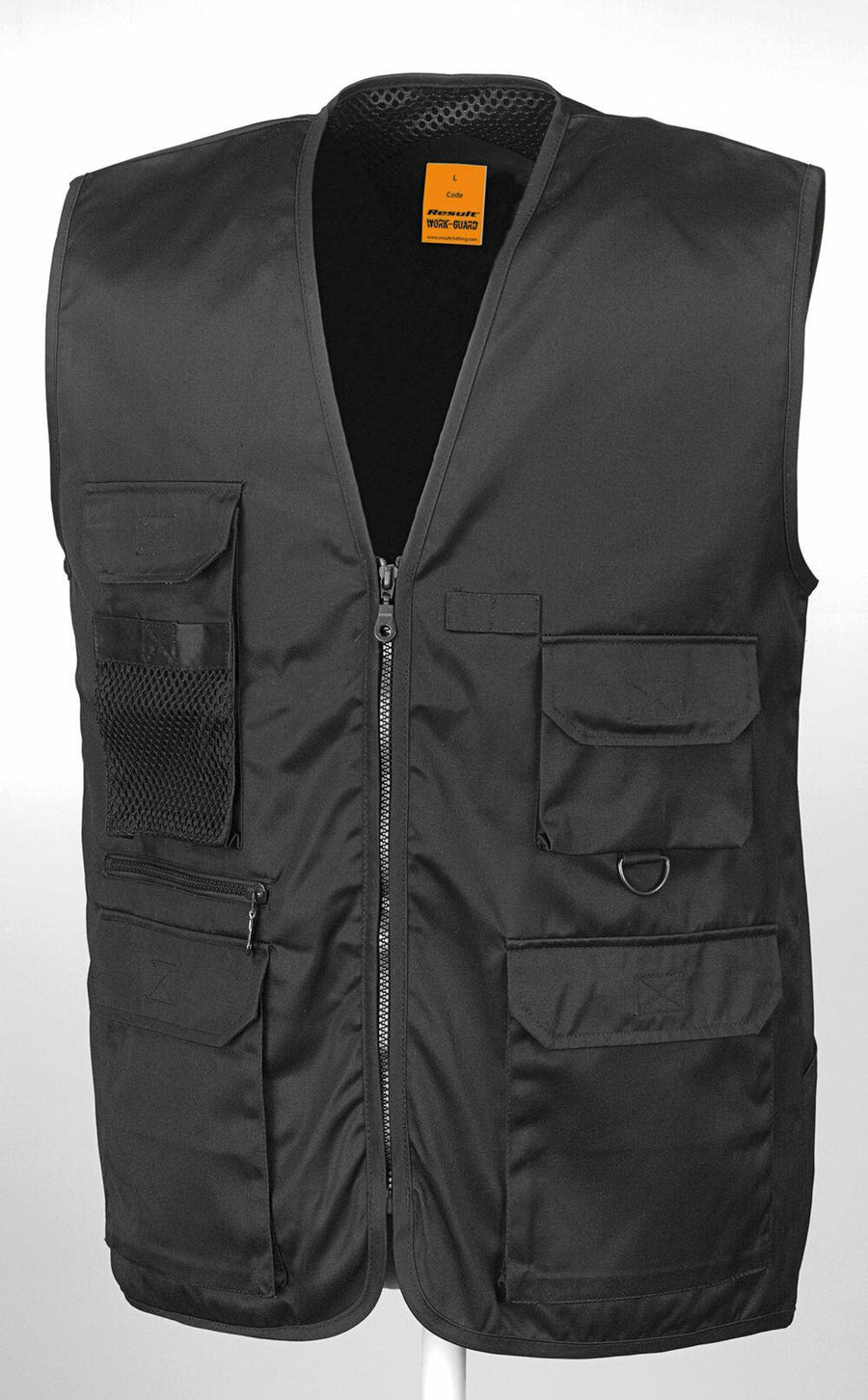 Result Workguard's RE45A black utility vest features a zip closure and multiple front pockets.